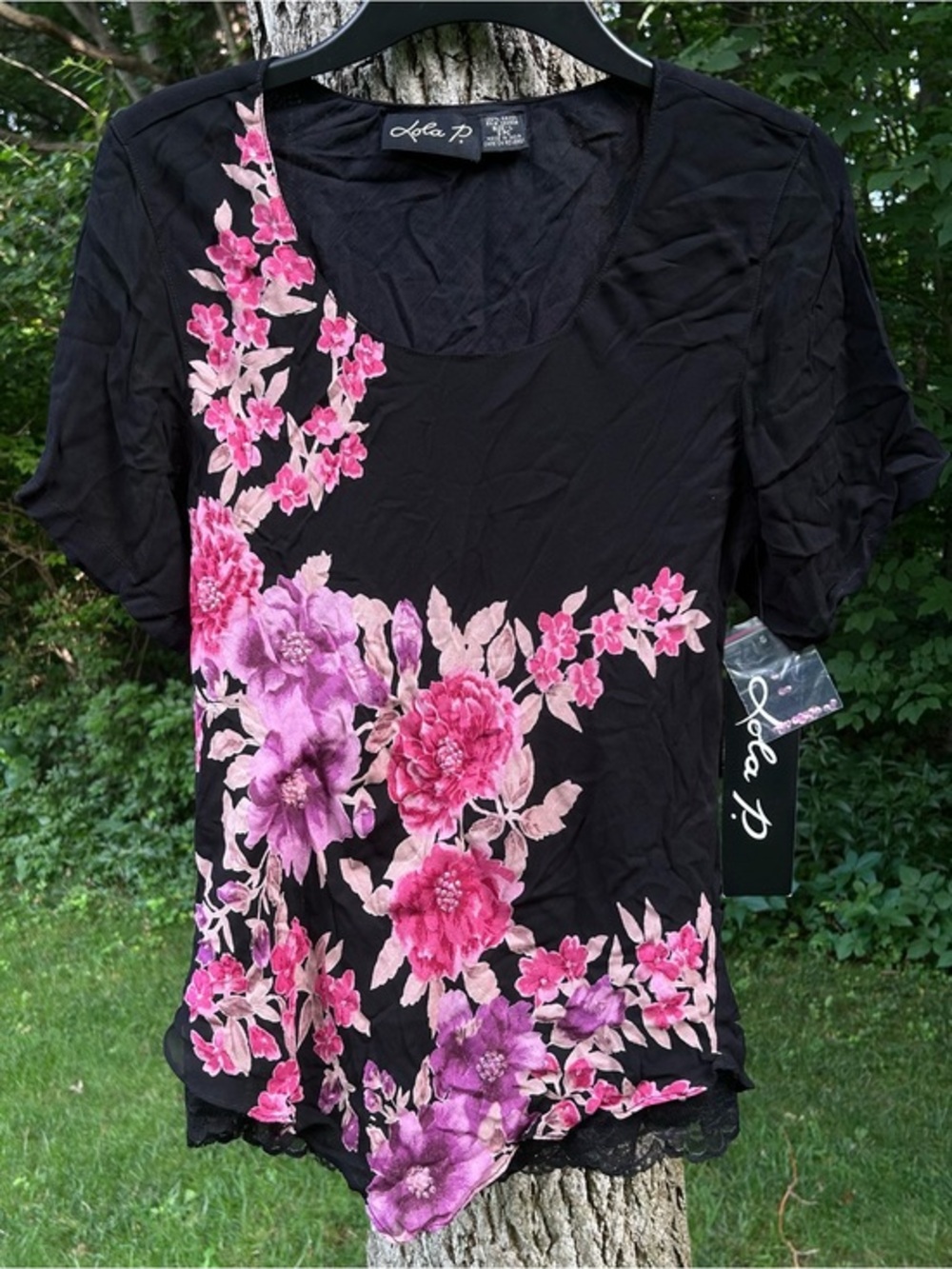 Vintage Y2K Deadstock Lola P. Black Floral Blouse with Layered Abstract Hem
